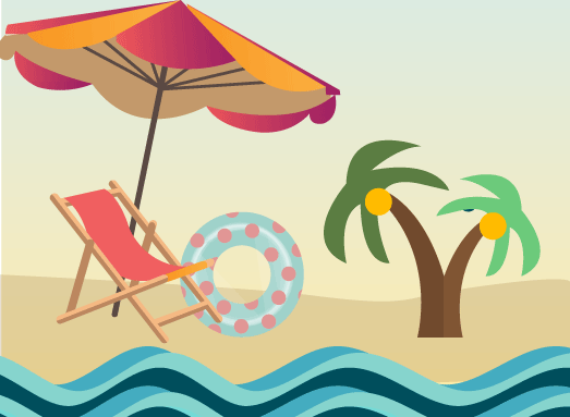 La imagen se compone por una ilustración de playa, en la cual encontramos un camastro de madera, una sombrilla de color rojo con naranja, un salvavidas y dos palmeras.
